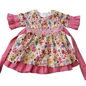 Baby Girls Floral Easter Bunny Dress Ruffled Sleeves Back Bow Ties 80cm 12-18M